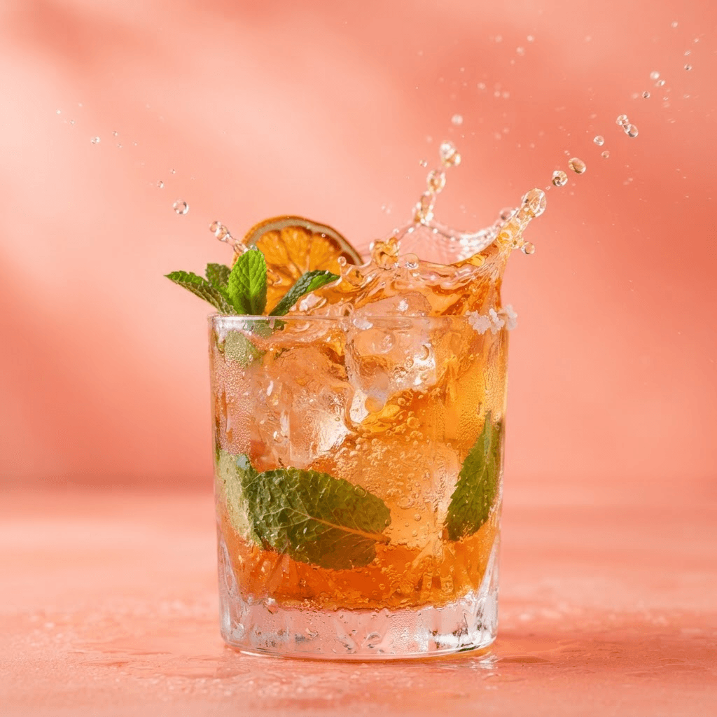 Cóctel cítrico con hielo y menta, fotografía gastronómica editorial sobre fondo pastel coral