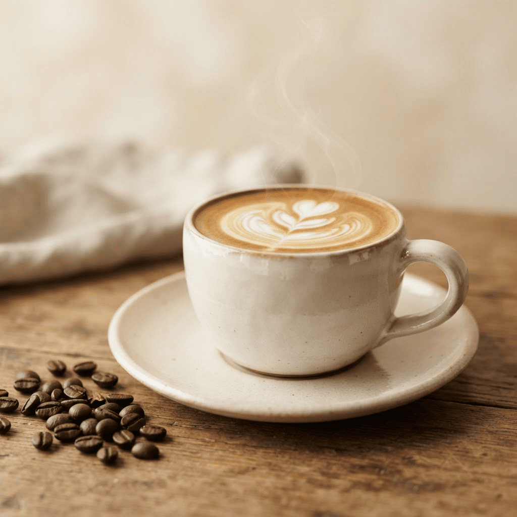 Taza de café con latte art y vapor, fotografía gastronómica editorial sobre fondo pastel crema