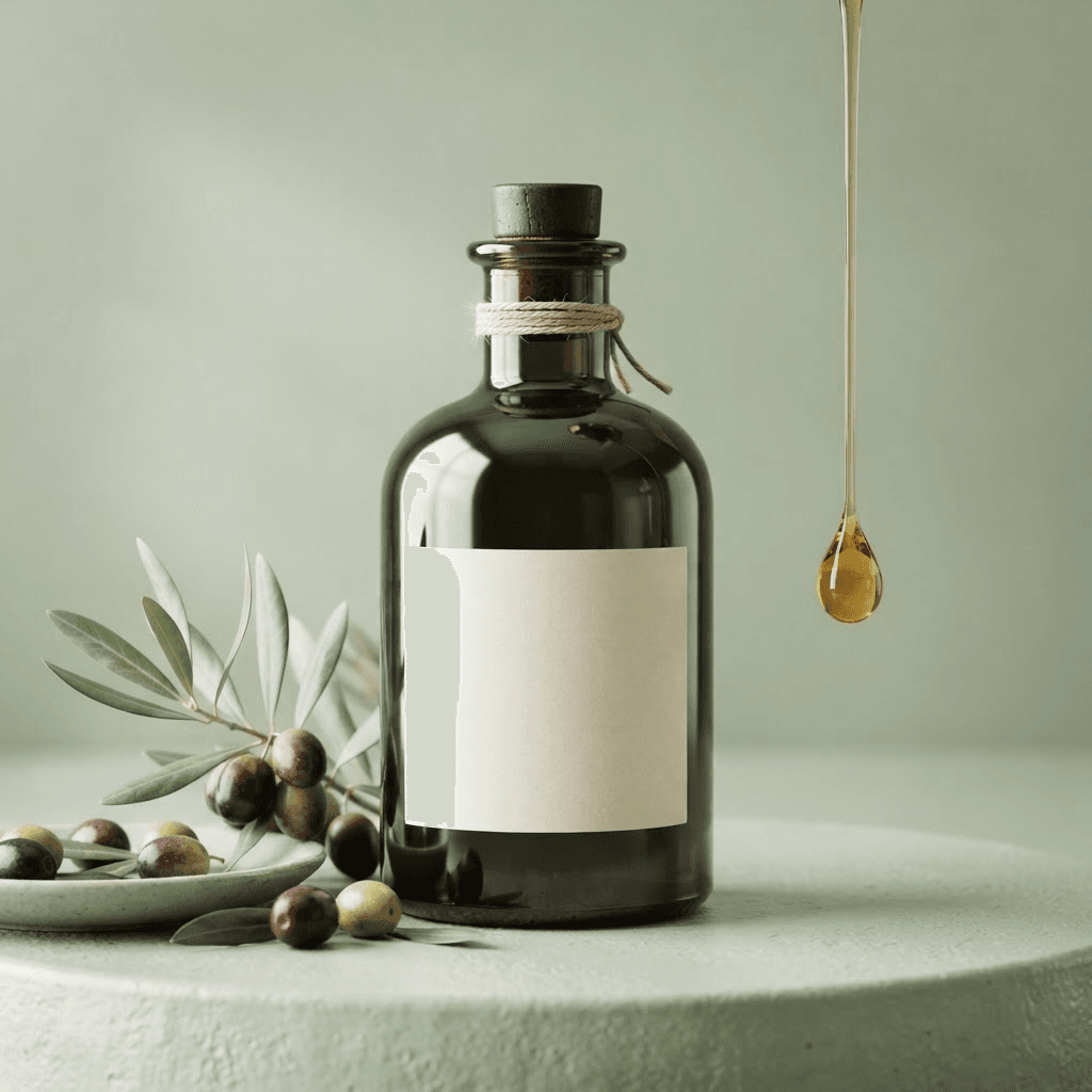 Botella de aceite de oliva premium con etiqueta en blanco, fotografía gastronómica editorial sobre fondo verde oliva