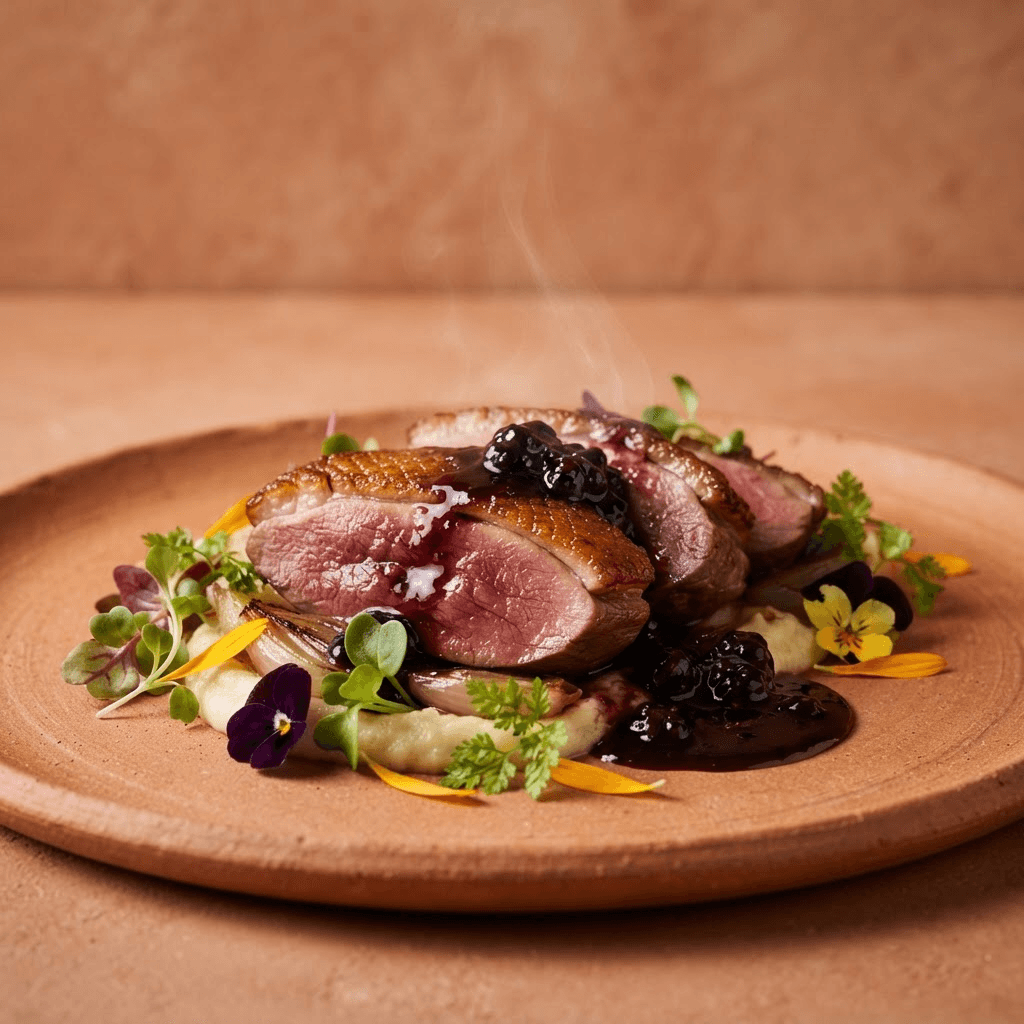 Plato de restaurante gourmet con salsa brillante, fotografía gastronómica editorial sobre fondo terracota