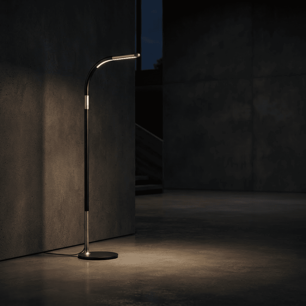 Lámpara contemporánea negra con línea LED cálida en un interior arquitectónico oscuro