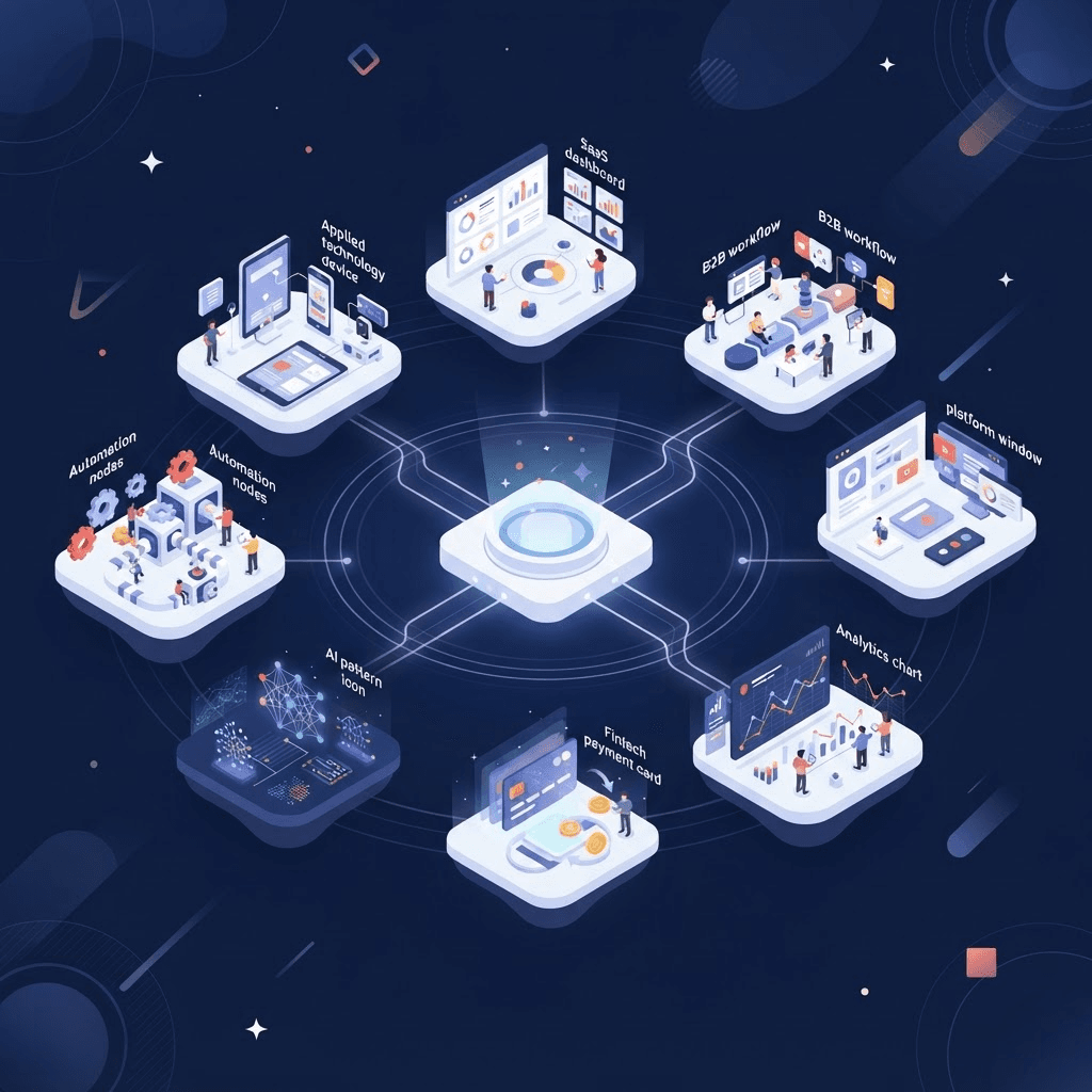 Ecosistema visual de SaaS, software B2B, analytics, fintech, inteligencia artificial y automatización