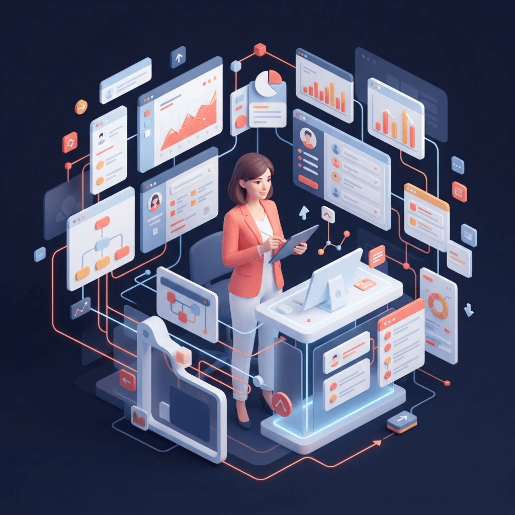 Ilustración de una persona rodeada por dashboards, gráficos y procesos de software complejos