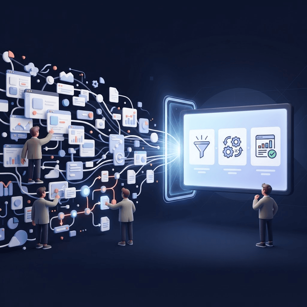 Ilustración de datos, interfaces y procesos de software convergiendo en una historia visual ordenada