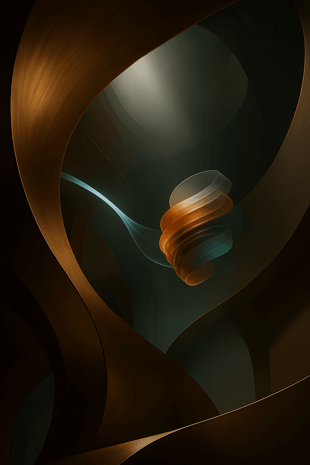 Estructura arquitectónica abstracta en bronce y vidrio con objeto suspendido en composición editorial de campaña publicitaria 3D