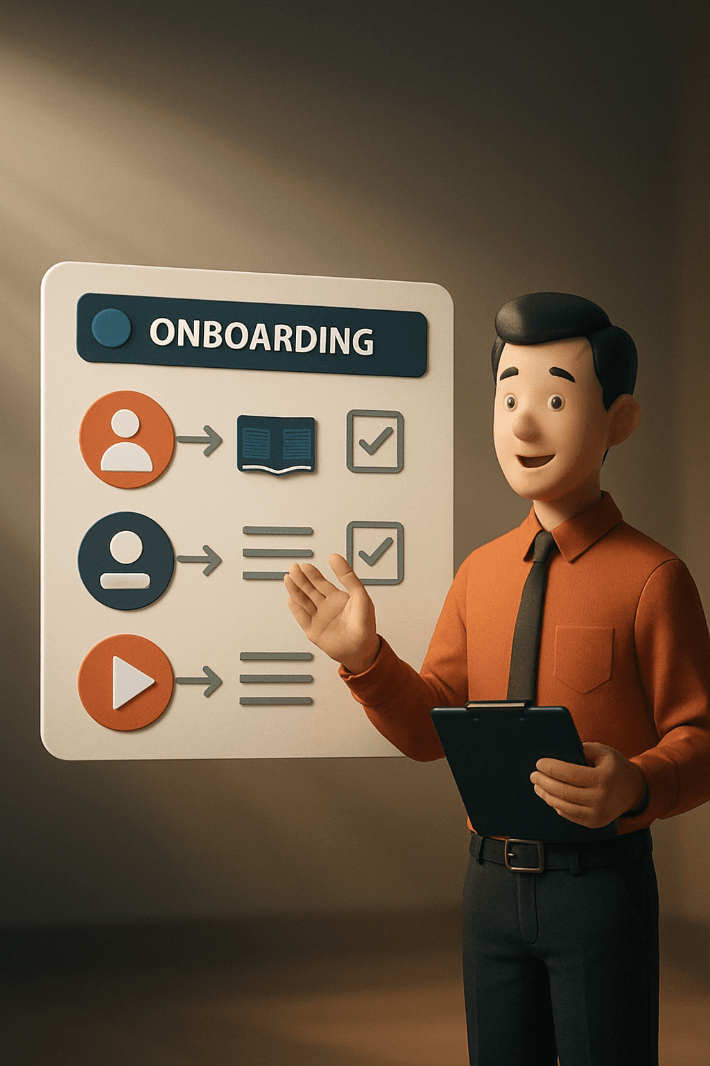 Personaje animado explicando un proceso de capacitación paso a paso en una pantalla instructiva con iconos y checklists