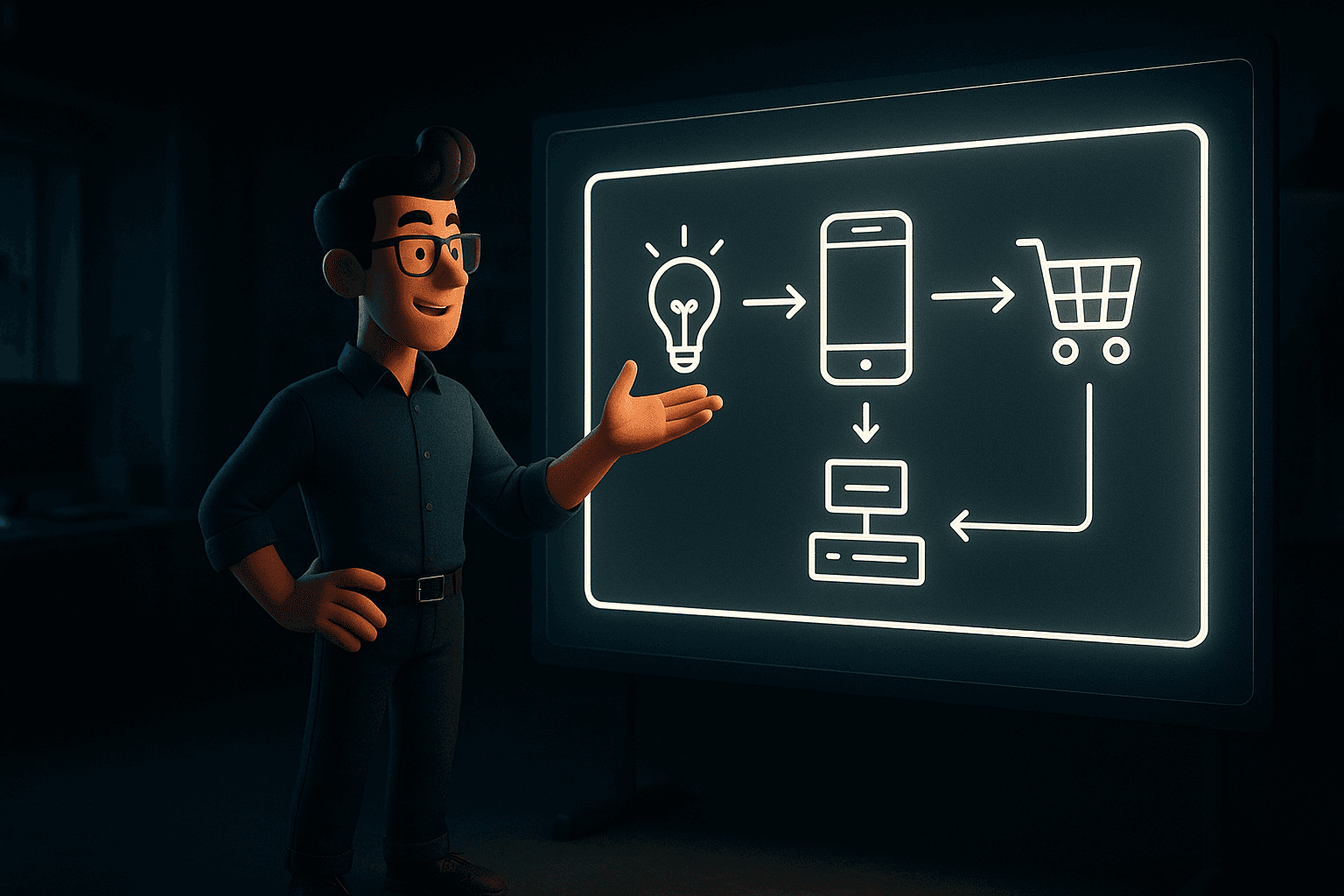 Presentador animado explicando el funcionamiento de un producto digital mediante un diagrama gráfico