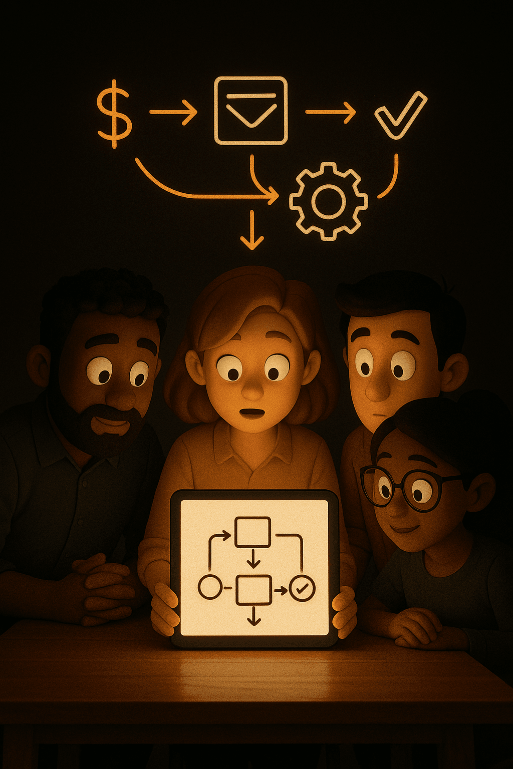 Equipo de personajes animados explicando un proceso empresarial mediante iconos y diagramas flotantes