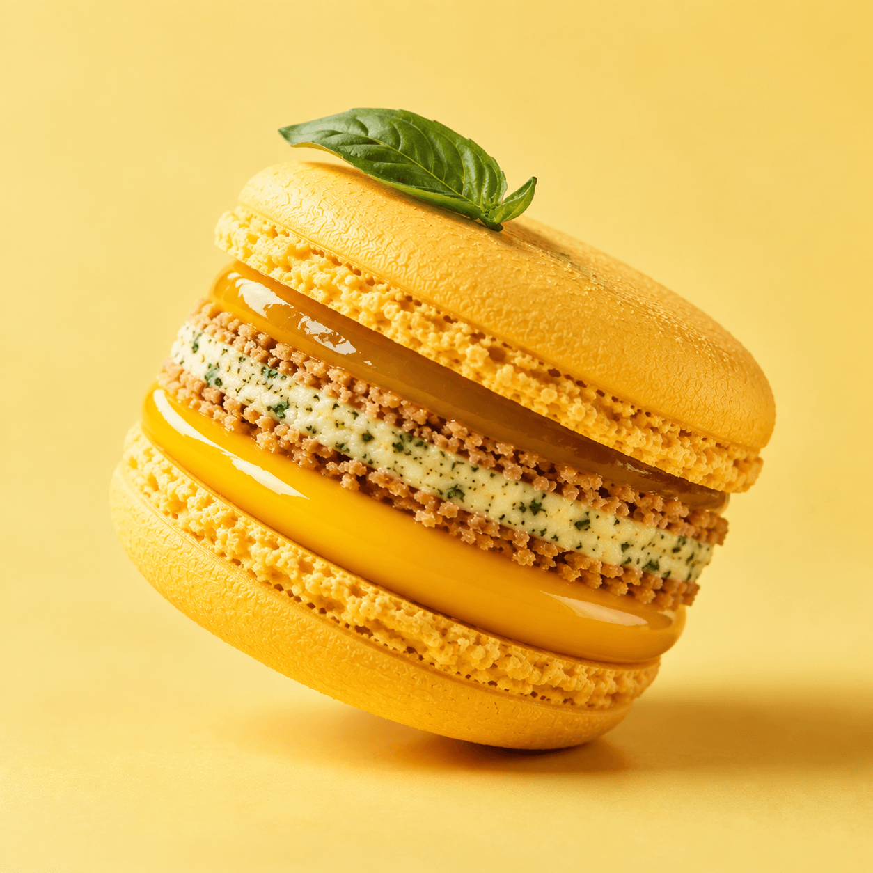 Macaron gigante amarillo con relleno de mango y matcha y hoja de albahaca, fotografía gastronómica editorial sobre fondo amarillo
