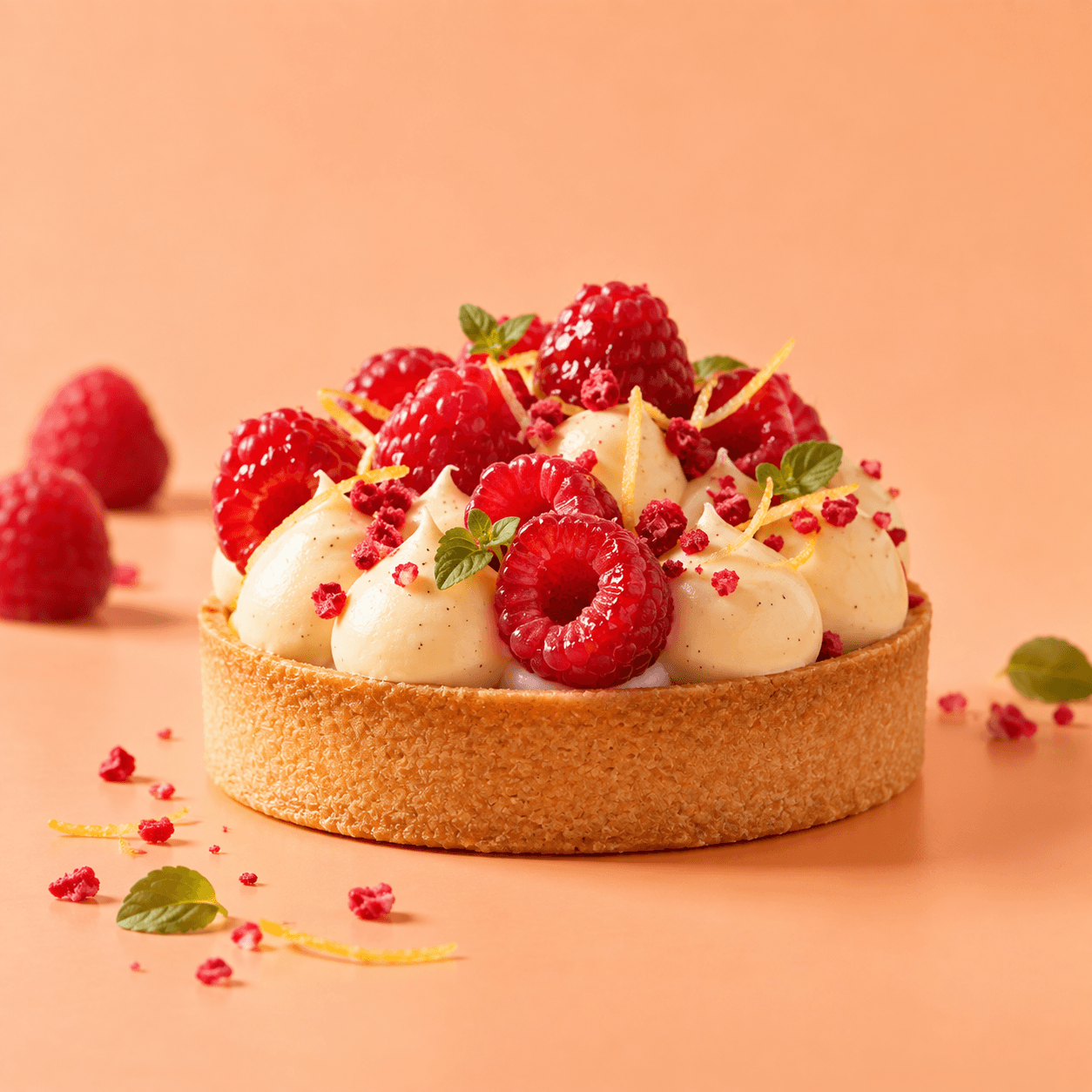 Tarta de frambuesas con crema de vainilla y ralladura de limón, fotografía gastronómica editorial sobre fondo pastel durazno