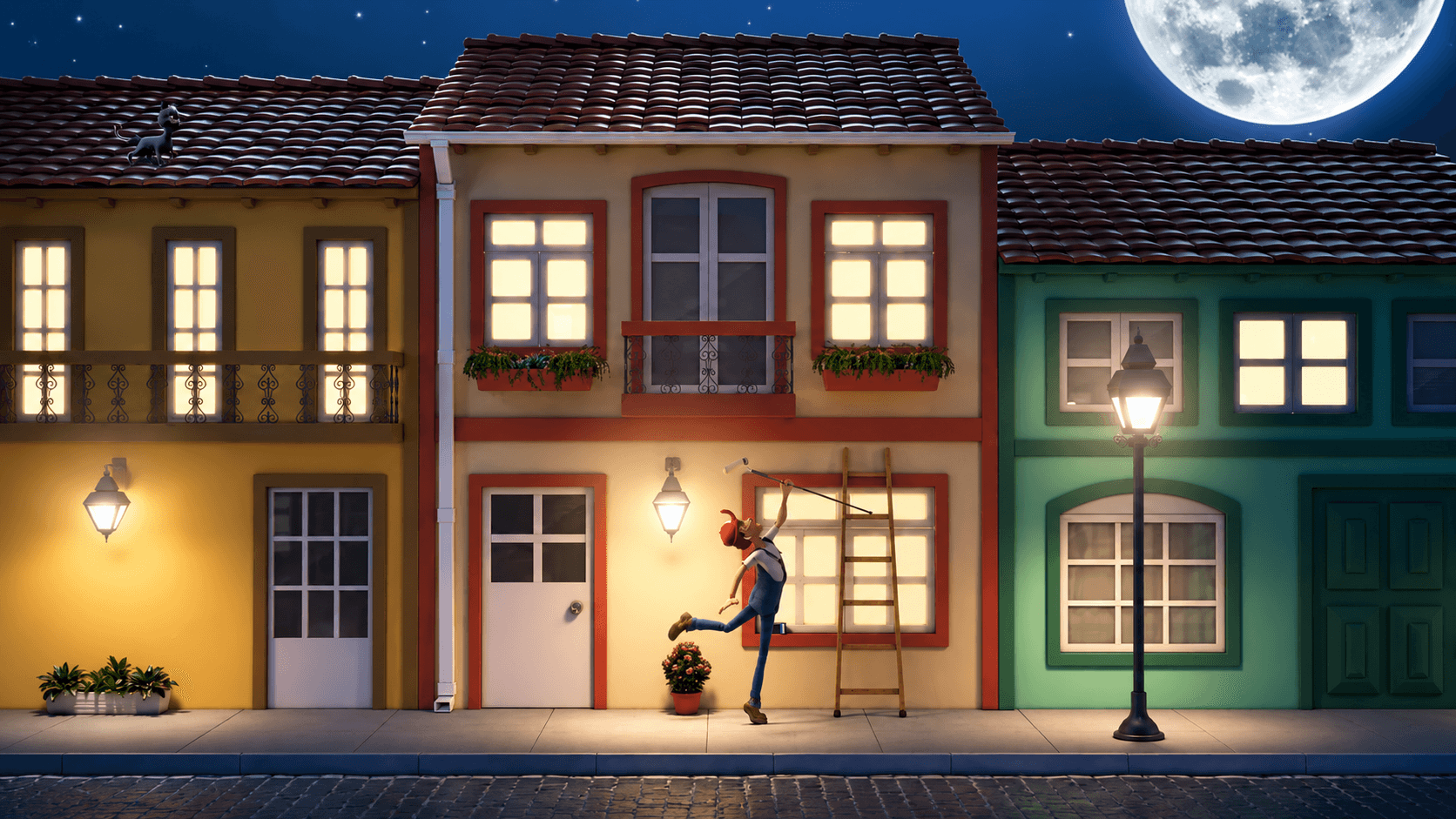 Frame de animación 3D nocturna realizado por Oso Gordo Lab para Elit Pinturas: fachadas de casas coloridas recién pintadas, un personaje pintando con rodillo sobre una escalera y luna llena de fondo