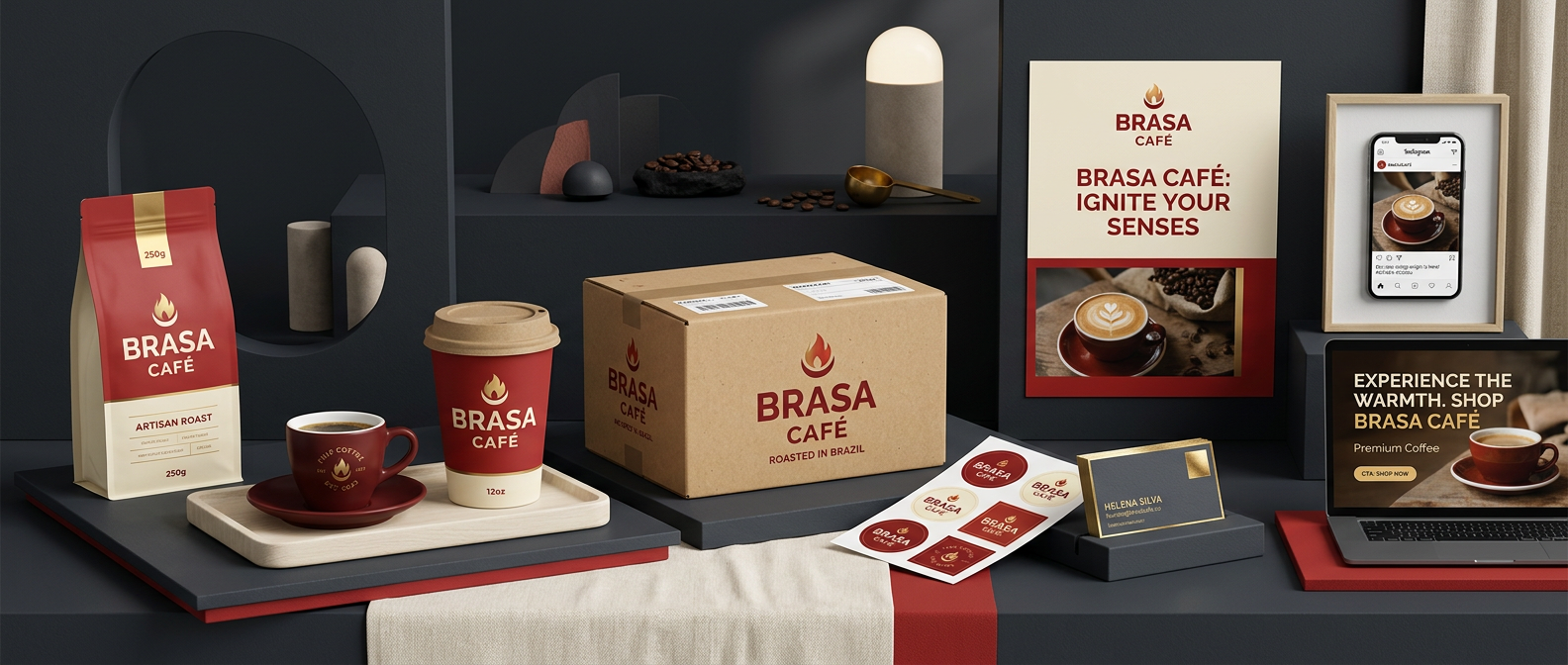 Aplicaciones de la identidad BRASA en bolsa, taza, caja, sticker, cartel y anuncios digitales
