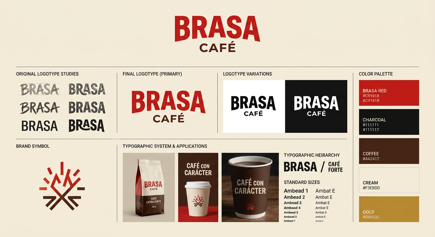 Board de identidad con estudios y versiones del logotipo BRASA CAFÉ