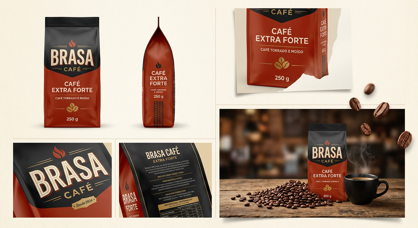 Sistema de packaging BRASA con frente, lateral, logo, información y producto hero
