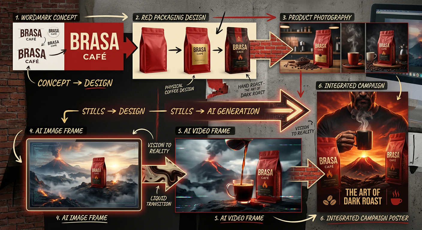 Evolución visual de BRASA desde logo y packaging hasta fotografía, AI y campaña
